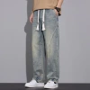 Spring new men's trendy jeans, American high street retro drawstring tight-waisted straight-leg loose wide-leg pants details Picture